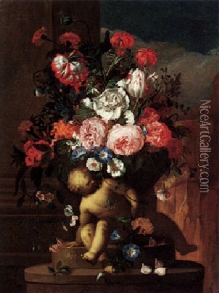 A Still Life Of Roses, Peonies, A Variegated Tulip, Carnations, Daisies, And Other Flowers In A Sculpted Urn With Marble Putti Oil Painting - Pieter Hardime