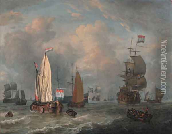 A smalschip, a boeier yacht, a Dutch frigate and other shipping in choppy seas Oil Painting - Abraham Jansz Storck