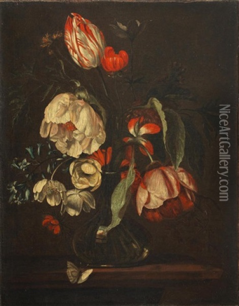 Tulips, Roses And Other Flowers In A Glass Vase On A Table-top Oil Painting - Simon Pietersz Verelst