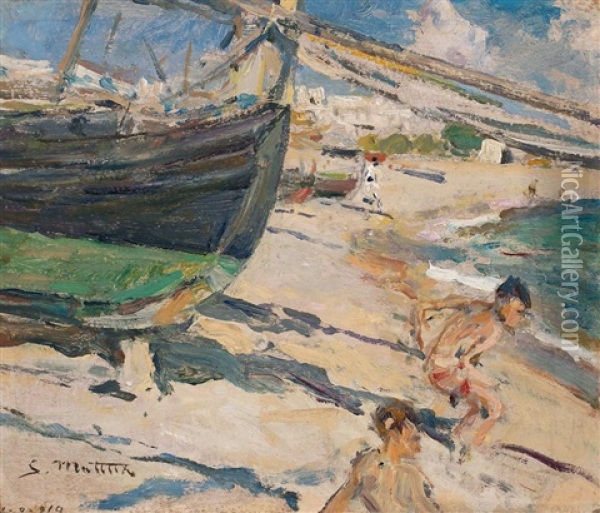 Ninos En La Playa Oil Painting - Segundo Matilla Marina