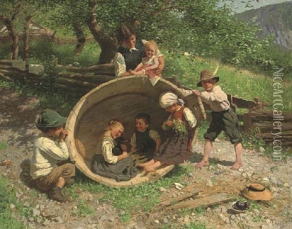 Fassschaukel (the Barrel See-saw) Oil Painting - Alexander Max Koester