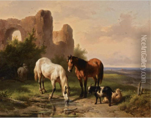 Watering Horses Near A Ruin Oil Painting - Wouterus Verschuur