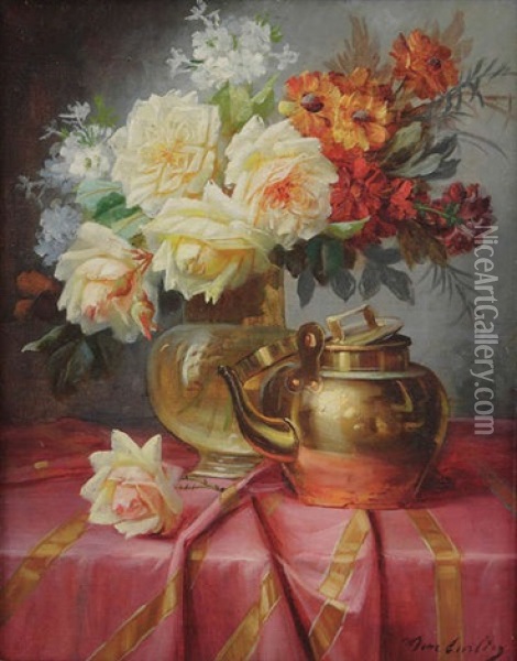 Nature Morte Avec Un Vase De Roses Sur Une Table Oil Painting - Max Carlier