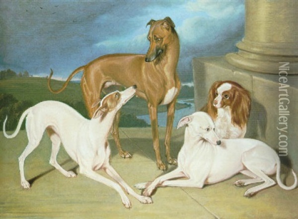 Whippets And A King Charles Spaniel On The Steps Of A Country House Oil Painting - Edmund Havell the Younger