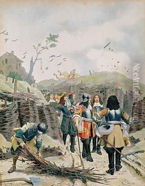 Louis XIV 1638-1715 visiting the trenches in Lille Oil Painting - Maurice Leloir