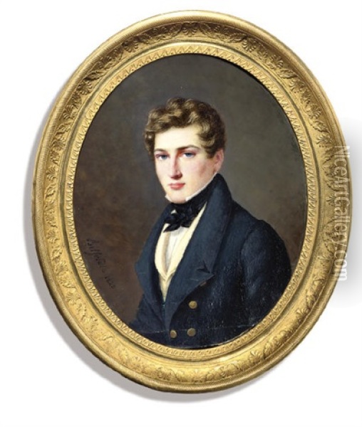 A Young Gentleman, In Blue Coat With Gilt Buttons, Pale Yellow Waistcoat And Tied Black Cravat Oil Painting - John Joseph Bilfeldt