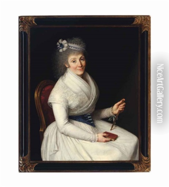 Portrait Of A Lady, Seated Three-quarter Length, Wearing A White Dress With Lace Trim, A Blue And White Ribbon In Her Hair Holding A Fan And A Book Oil Painting - D. Francisco Bayeu y Subias