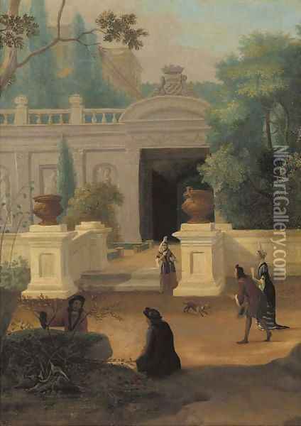 Elegant company promenading in a walled garden near a mansion Oil Painting - Dutch School