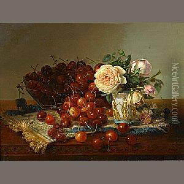 Still Life With Roses And Cherries Oil Painting - Robert Spear Dunning