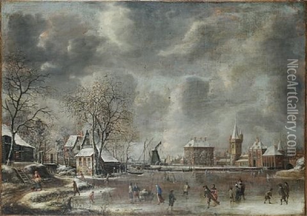 A Winter Landscape With Figures Skating And Playing Kolf On A Frozen River At The Edge Of A Town Oil Painting - Jan Abrahamsz. Beerstraten
