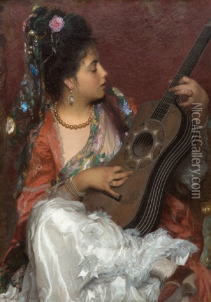 An Elegant Lady Playing Flamenco Guitar Oil Painting - Adriano Bonifazi