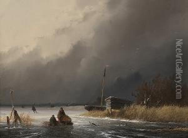 Figures With A Sled On A Frozen River Oil Painting - Johannes Franciscus Hoppenbrouwers