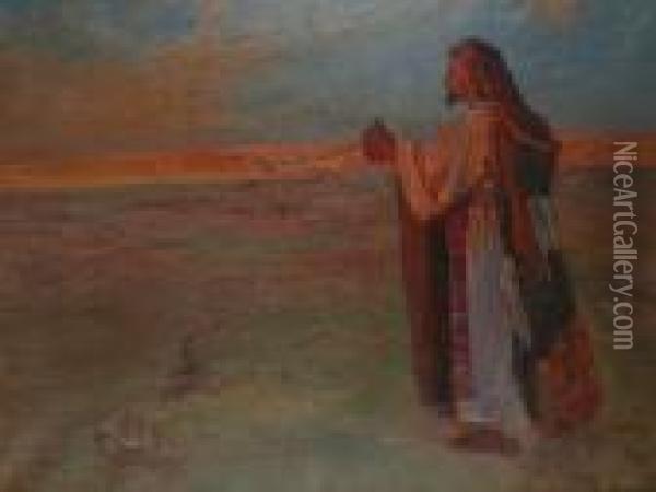 A Figure In The Desert At Sunset. Oil Painting - Viggo Christian Frederick Pedersen