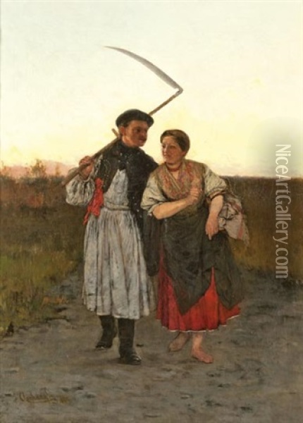 Hazafele A Mezorol Oil Painting - Gyula Agghazy