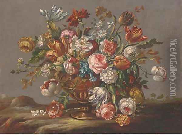 Parrot tulips, roses, narcissi and other flowers in an urn in a clearing Oil Painting - The Pseudo-Guardi