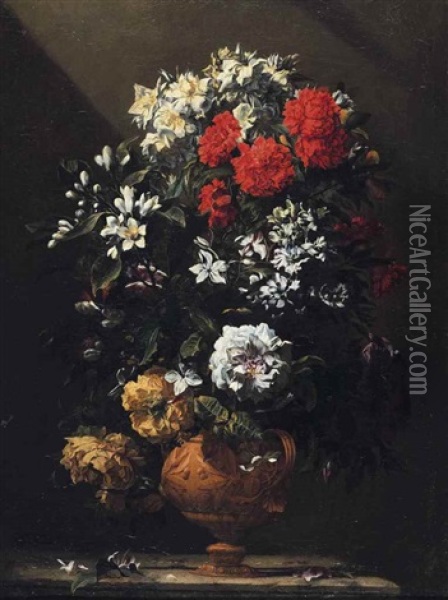 Carnations And Other Flowers In A Bronze Vase Oil Painting - Jean-Michel Picart
