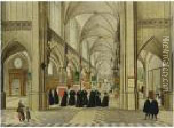 A Church Interior With A Funeral Procession Oil Painting - Abel Grimmer