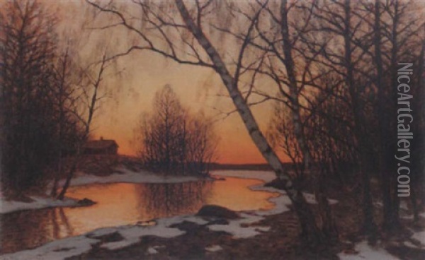 Senvinterlandskap I Aftonrodnad Oil Painting - Edvard Rosenberg