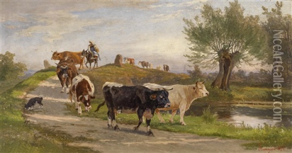 Hirten Und Kuhherde Am Heimweg Oil Painting - Gustav Ranzoni