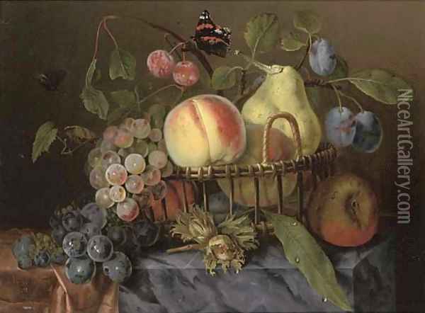A pear, peaches, plums and grapes in a wicker basket Oil Painting - Michel Joseph Speckaert