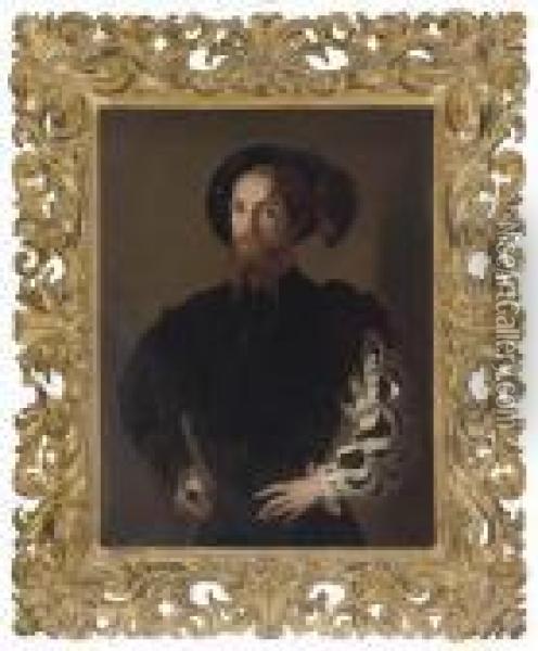 Portrait Of A Gentleman, Three-quarter-length, In A Doublet, A Sword In His Right Hand Oil Painting - Girolamo Francesco Maria Mazzola (Parmigianino)