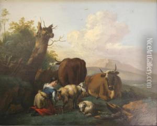 A Shepherdess With Cattle And Sheep Oil On Panel 23 X 28.5cm Oil Painting - Jan van Gool