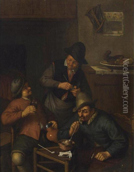 Three Men Smoking A Pipe And Drinking In An Interior Oil Painting - Adriaen Jansz. Van Ostade