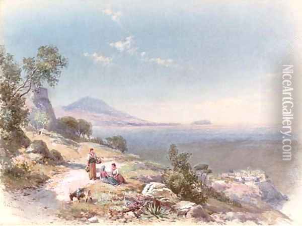 Figures with a donkey resting by the steps overlooking the bay, near Miseno, Bay of Naples Oil Painting - Charles Rowbotham