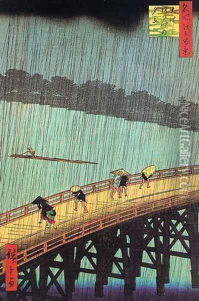 One Hundred Views of Famous Places in and around Edo- Ohashi Bridge- Sudden Shower near Atake Oil Painting - Utagawa or Ando Hiroshige