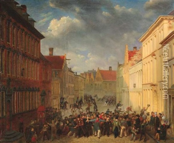 Der Aufstand Der Burger Von Antwerpen Gegen Die Niederlander Am 21. Mai 1833 Auf Dem Hauptplatz Oil Painting - Jacob Johann Verreyt