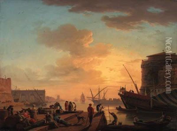 Le Soir: A Mediterranean Harbour
 At Sunset With Fisherfolk Andmerchants On A Quay; And Clair De Lune: A 
Mediterranean Harbour Bymoonlight With Fisherfolk By A Fire On The 
Shore, A Natural Archbeyond Oil Painting - Claude-joseph Vernet