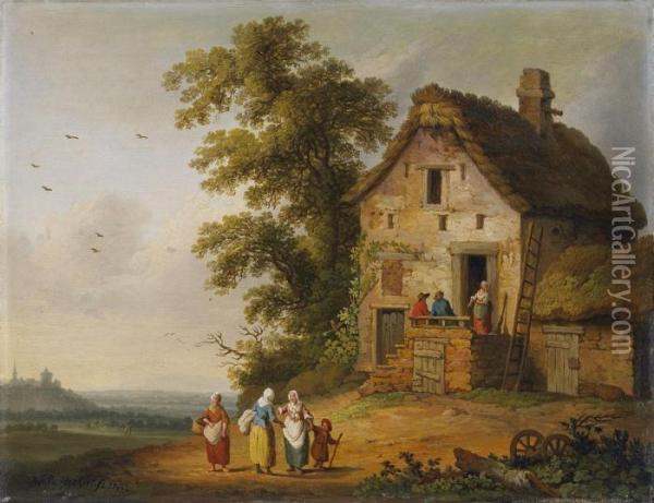 Zwei Landschaften Mit Bauernhausern Oil Painting - Jacob Philipp Hackert