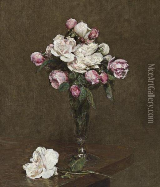 Roses Blanches Et Roses Dans Une Flute A Champagne Oil Painting - Ignace Henri Jean Fantin-Latour