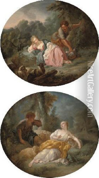 A Shepherd Courting A 
Shepherdess; And A Shepherd And A Sleeping Shepherdess In A Landscape Oil Painting - Francois Boucher