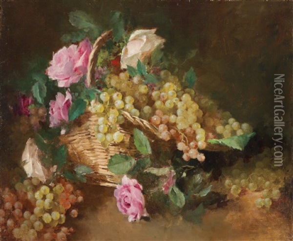 Ein Korb Mit Blumen Und Weintrauben Oil Painting - Pierre Louis Leger Vauthier