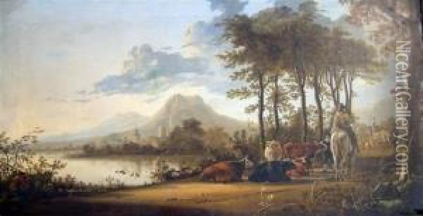 River Landscape With Horsemen And Peasants Oil Painting - Jacob Thompson