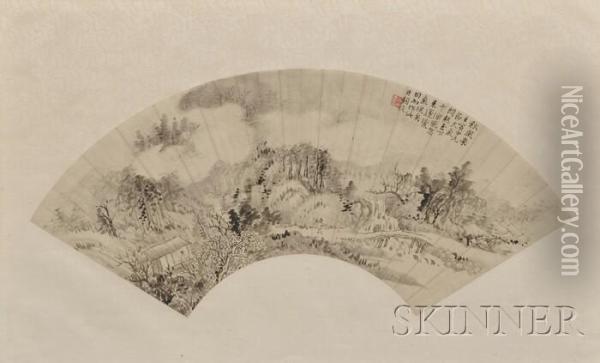 Depiction Of A Recluse Crossing A Bridgein A Mountainous Landscape Oil Painting - Lu Hui