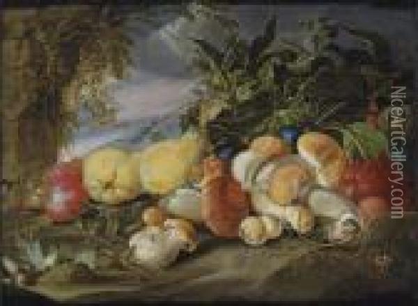 Quince, Plums, Grapes, Mushrooms
 And A Chestnut, With A Garden Tiger Moth And Other Insects, In A Wooded
 Landscape Oil Painting - Jan Davidsz De Heem