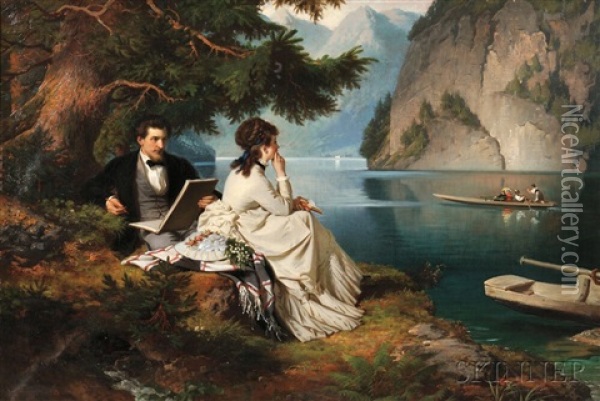 Elegant Couple Sketching And Reading By A Lake Oil Painting - Ludwig Thiersch