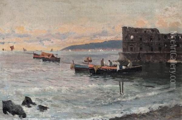 Pescatori A Castel D'ovo Oil Painting - Giuseppe Giardiello