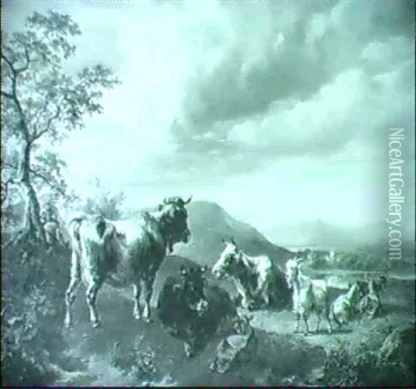 Hirtenpaar Mit Weidender Herde Von Kuhen Und Ziegen In      Weiter Landschaft Oil Painting - Joseph Heicke