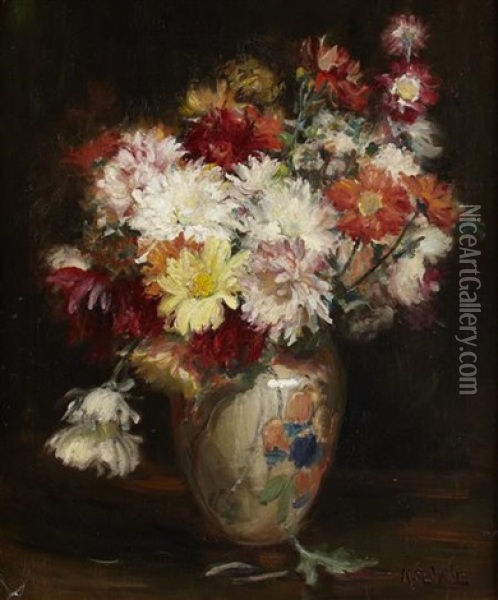 Chrysanthemums In A Painted Vase Oil Painting - Kate Wylie