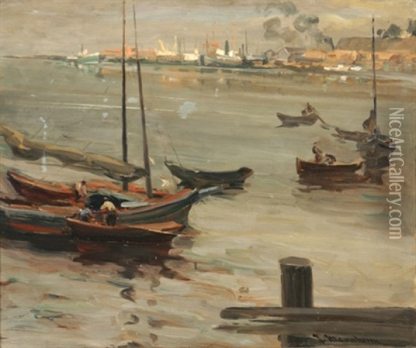 Fishing Boats In A Harbor Oil Painting - Jean Mannheim