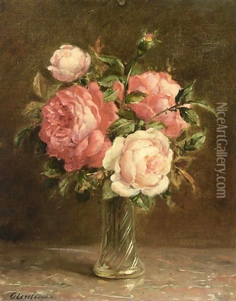 A Still Life Of Pink Roses Oil Painting - Otto Eerelman