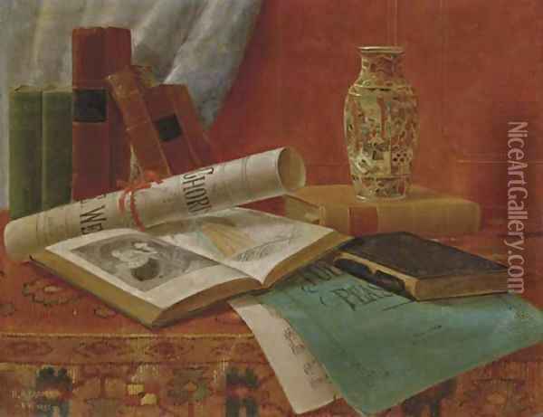 Still Life with Books and Newspaper Oil Painting - Nicholas Alden Brooks