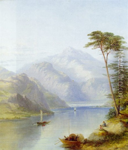 Figures Resting In An Alpine Lake Landscape Oil Painting - James Poole