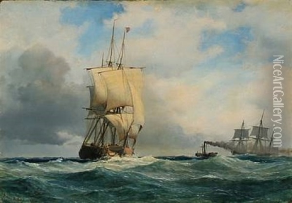 Seascape With Two Sailing Ships And A Steamer Oil Painting - Daniel Hermann Anton Melbye