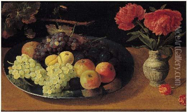 Fruits Dans Un Plat D'argent Et Vase De Gres Avec Pivoines Oil Painting - Jacob Fopsen van Es