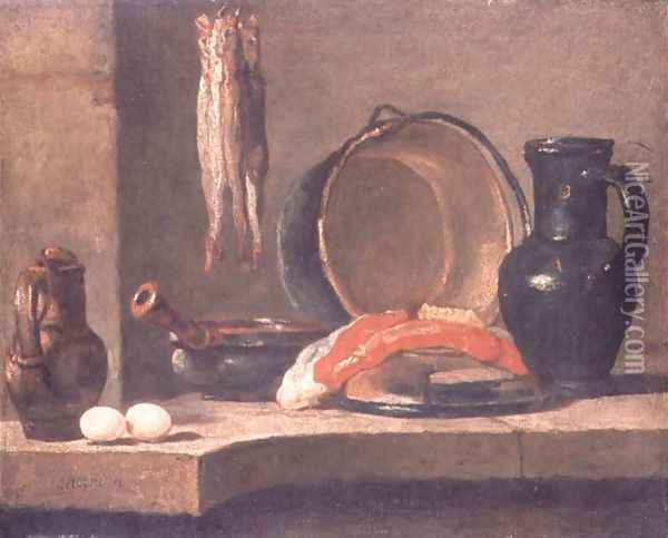 Still Life of Kitchen Utensils Oil Painting - Jean-Baptiste-Simeon Chardin