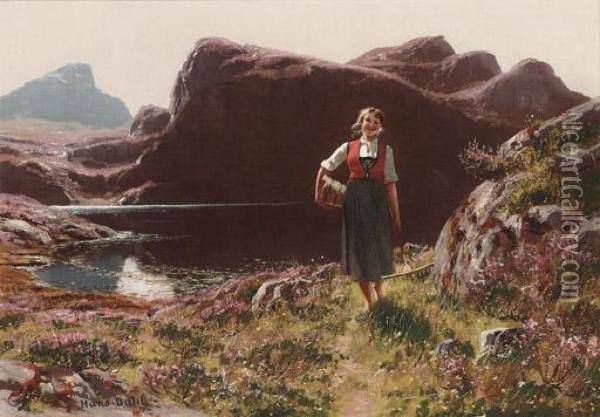 A Girl On A Sunlit Track Before A Fjord Oil Painting - Hans Dahl